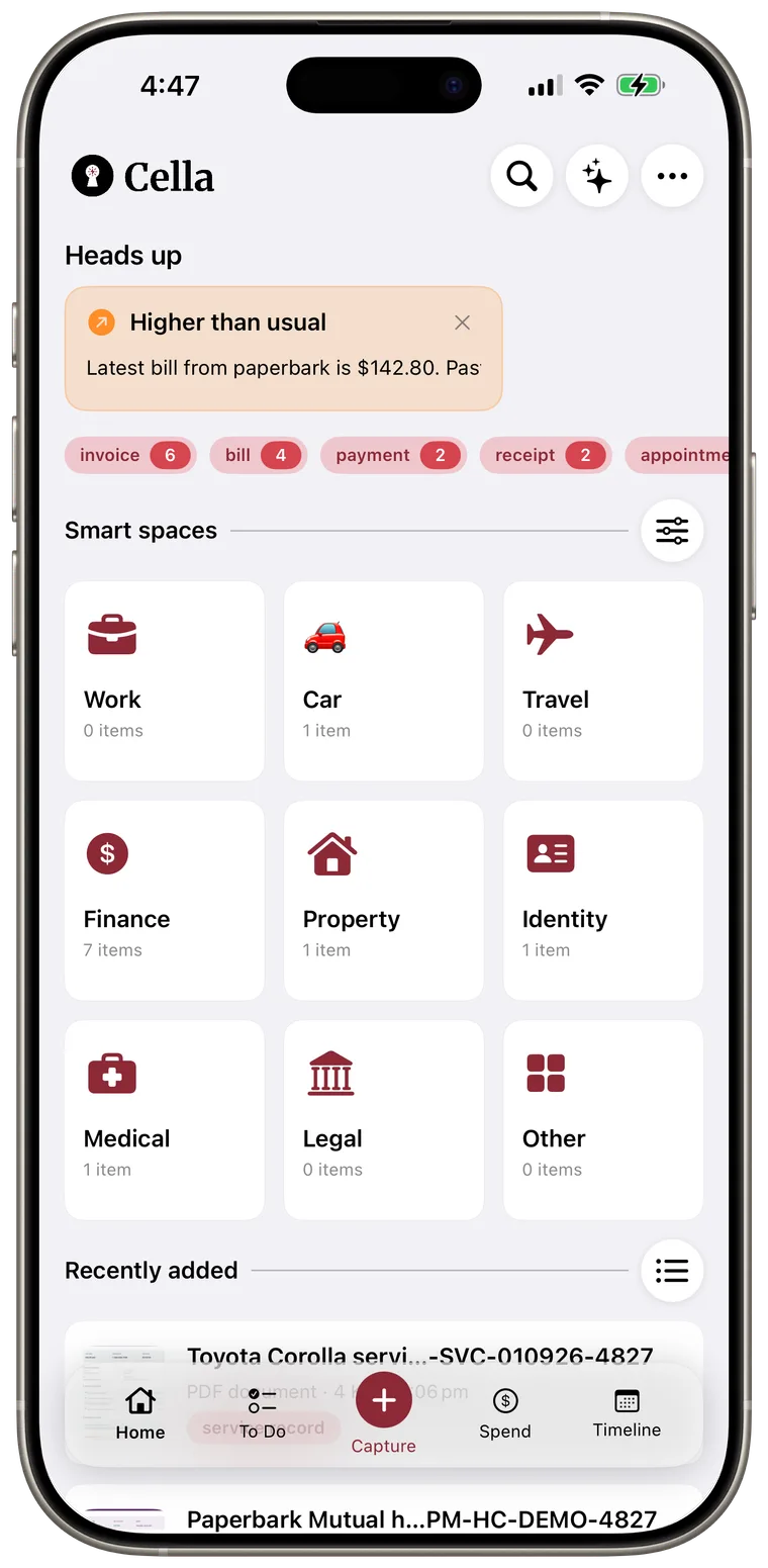Cella Home showing a heads-up, tags, Smart Spaces, recently added documents, and the bottom navigation.