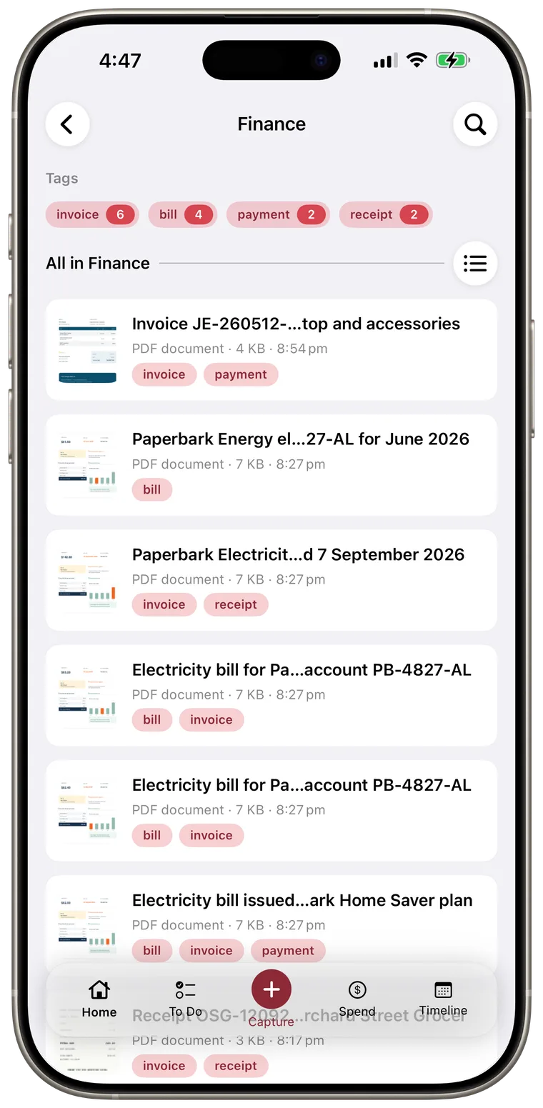 Finance Smart Space showing tagged documents in a list.