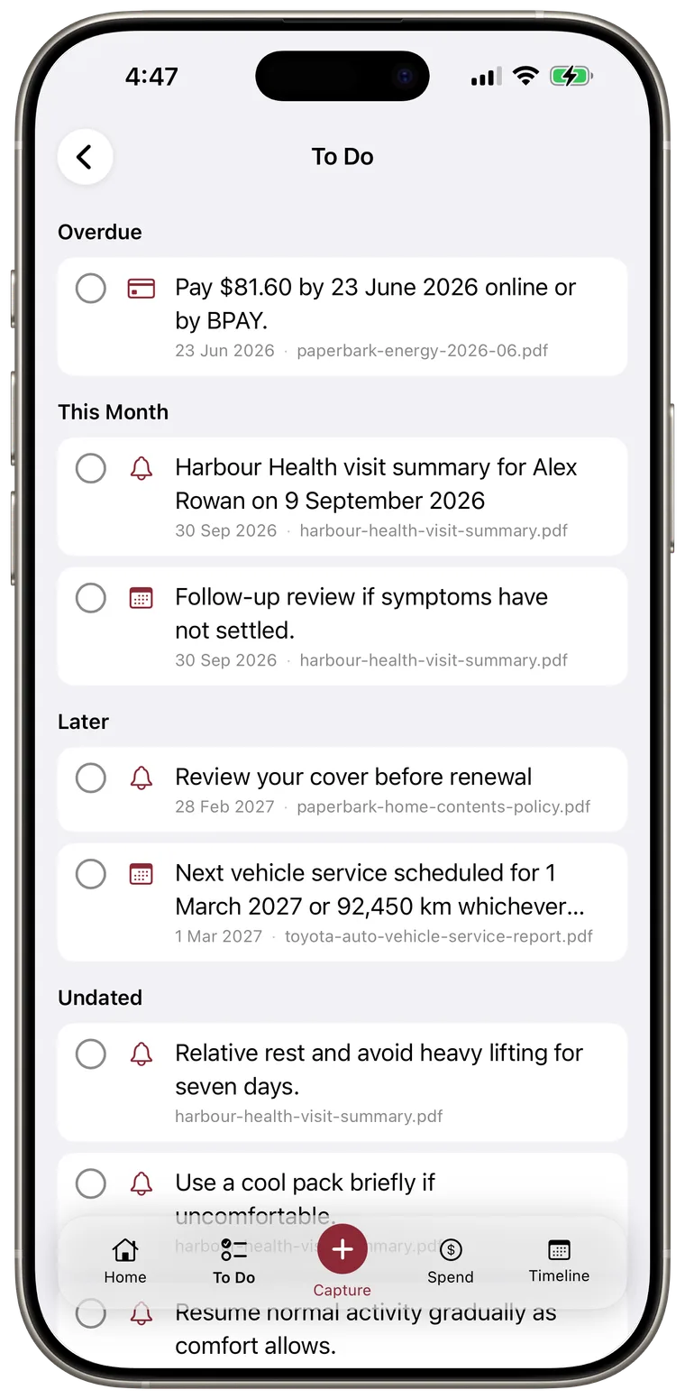To Do screen showing tasks grouped by due date.