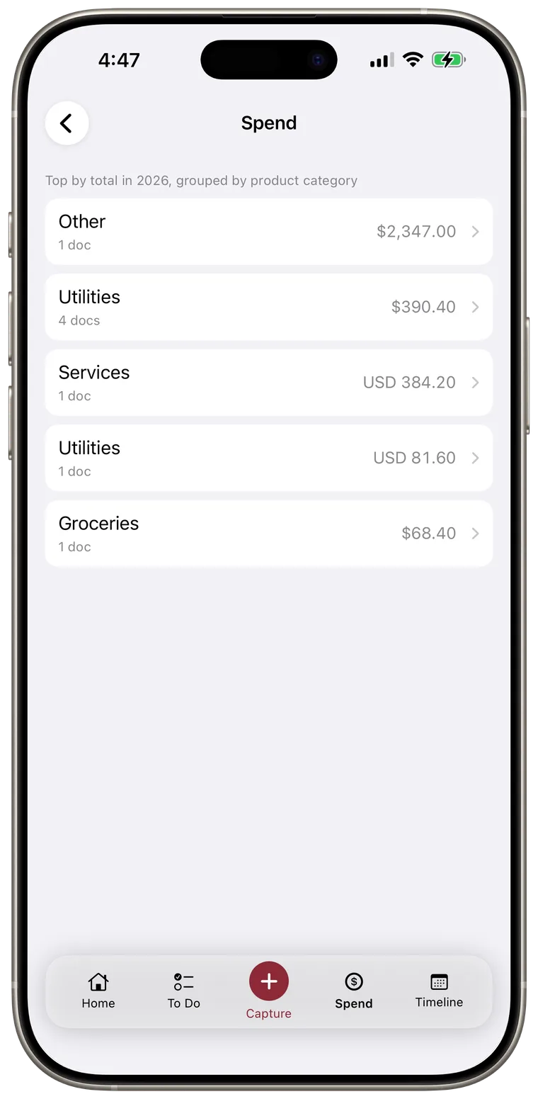 Spend screen showing current-year totals by category.
