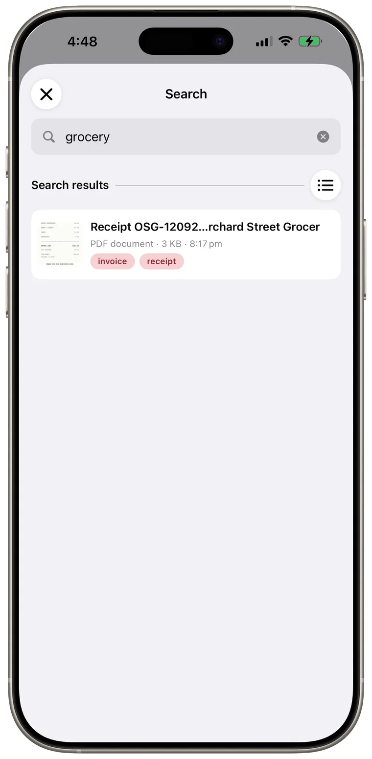 Cella Search showing document results for a typed query.