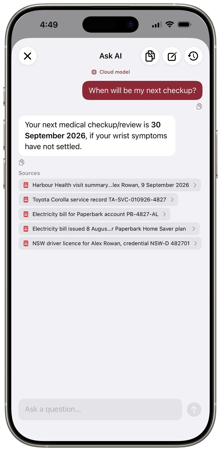 Ask AI conversation showing an answer with source documents.