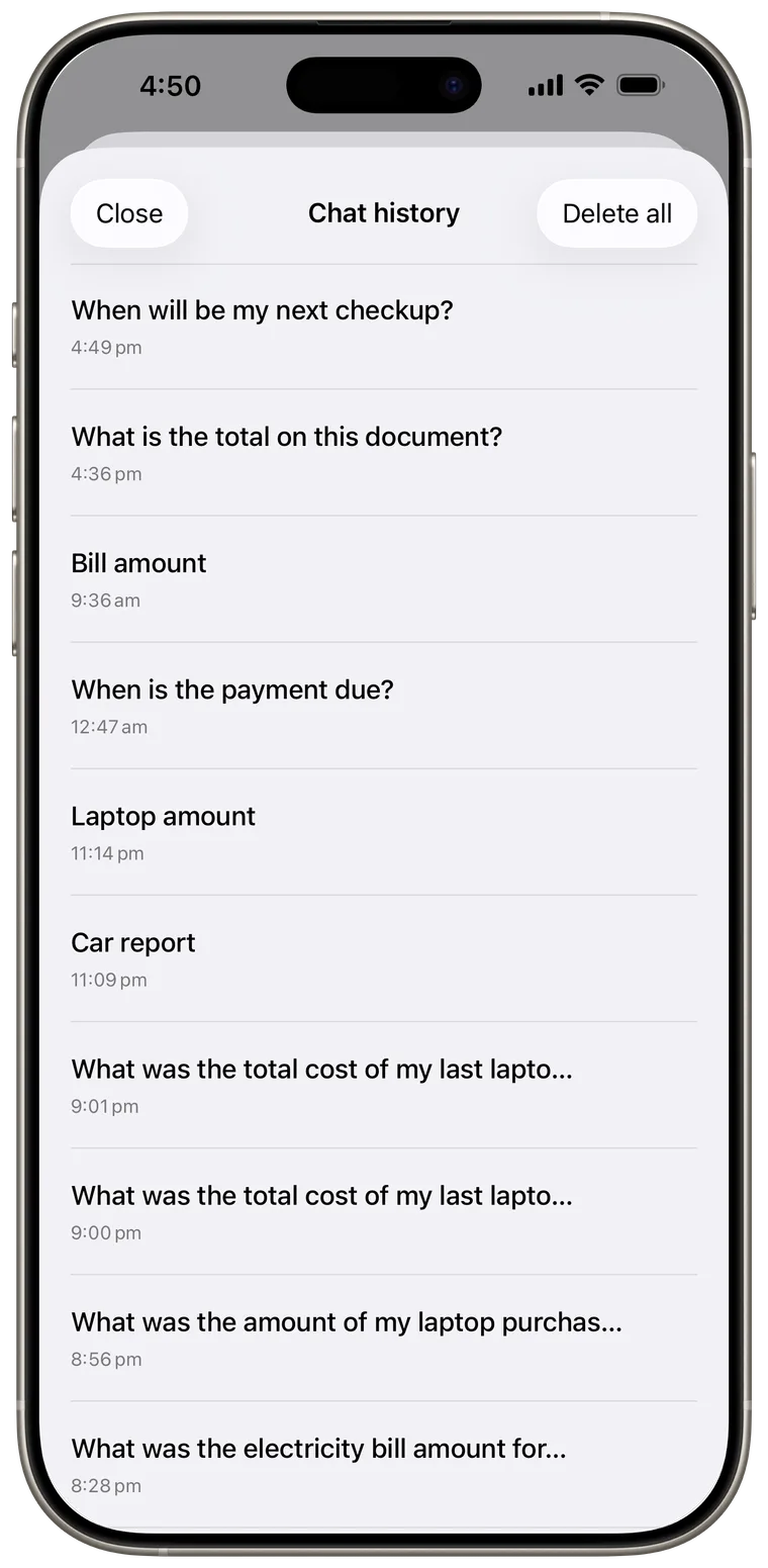 Ask AI chat history listing saved conversations.