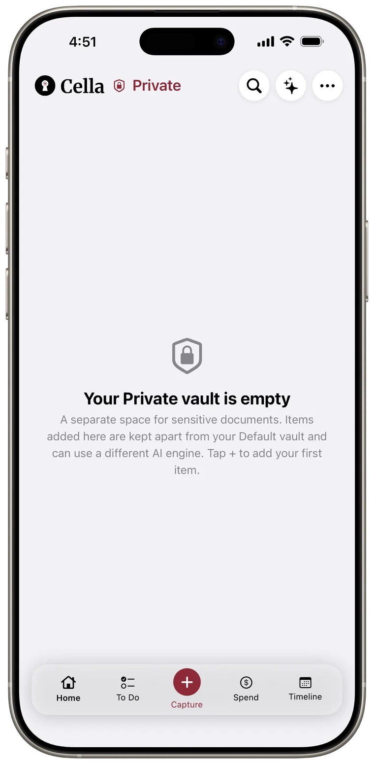 Empty Private Vault showing the Private label and lock shield.