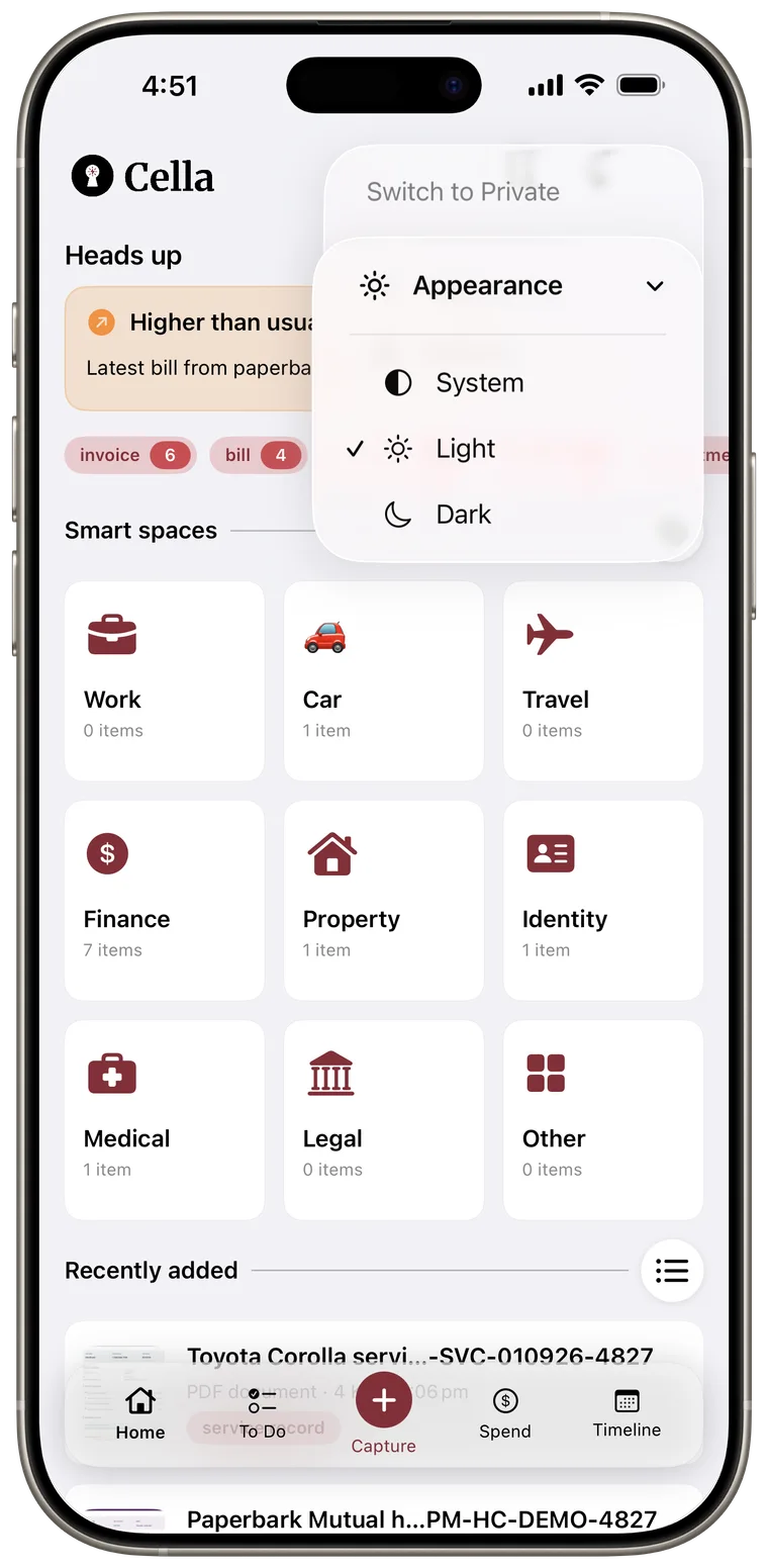 Appearance menu with System, Light, and Dark choices.