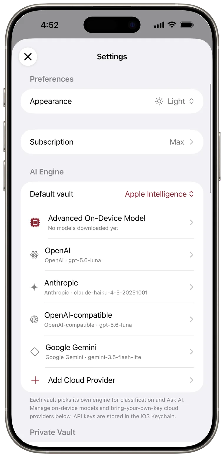 Settings AI Engine section with a Default vault engine, advanced on-device model, and cloud providers.