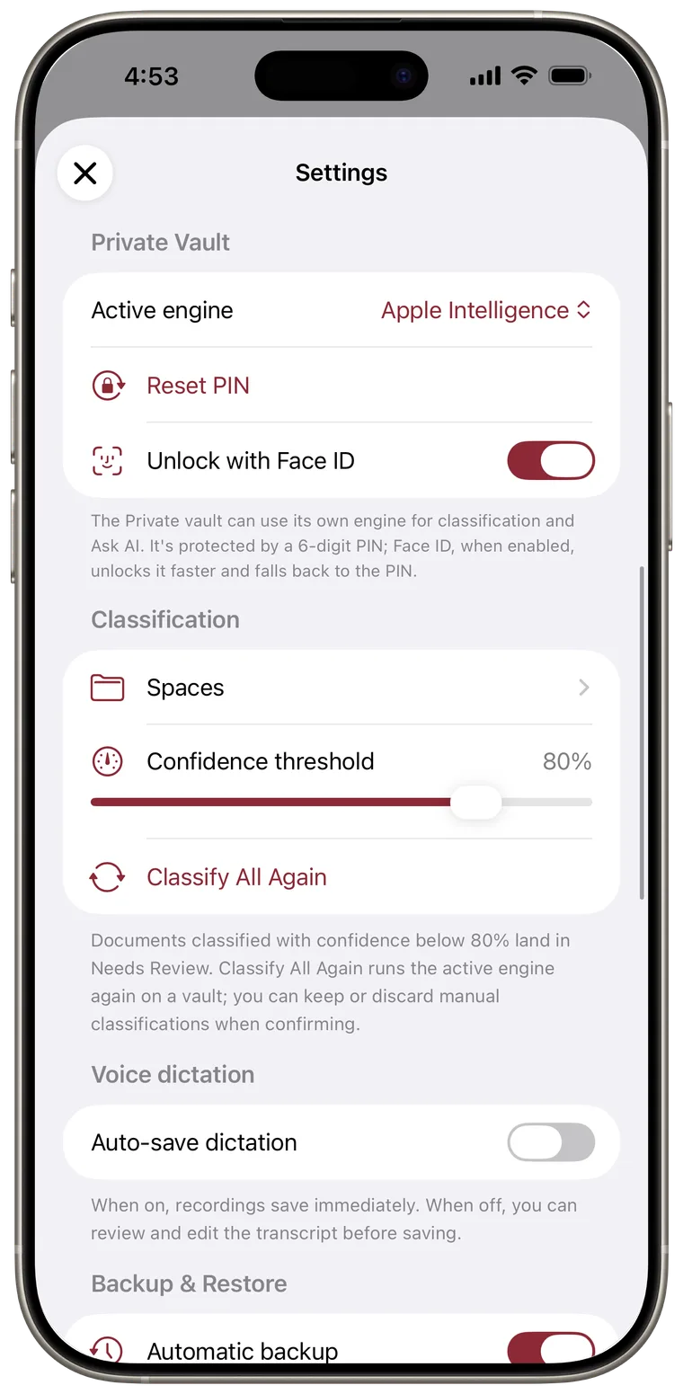 Settings showing Private Vault engine and security controls followed by Classification options.