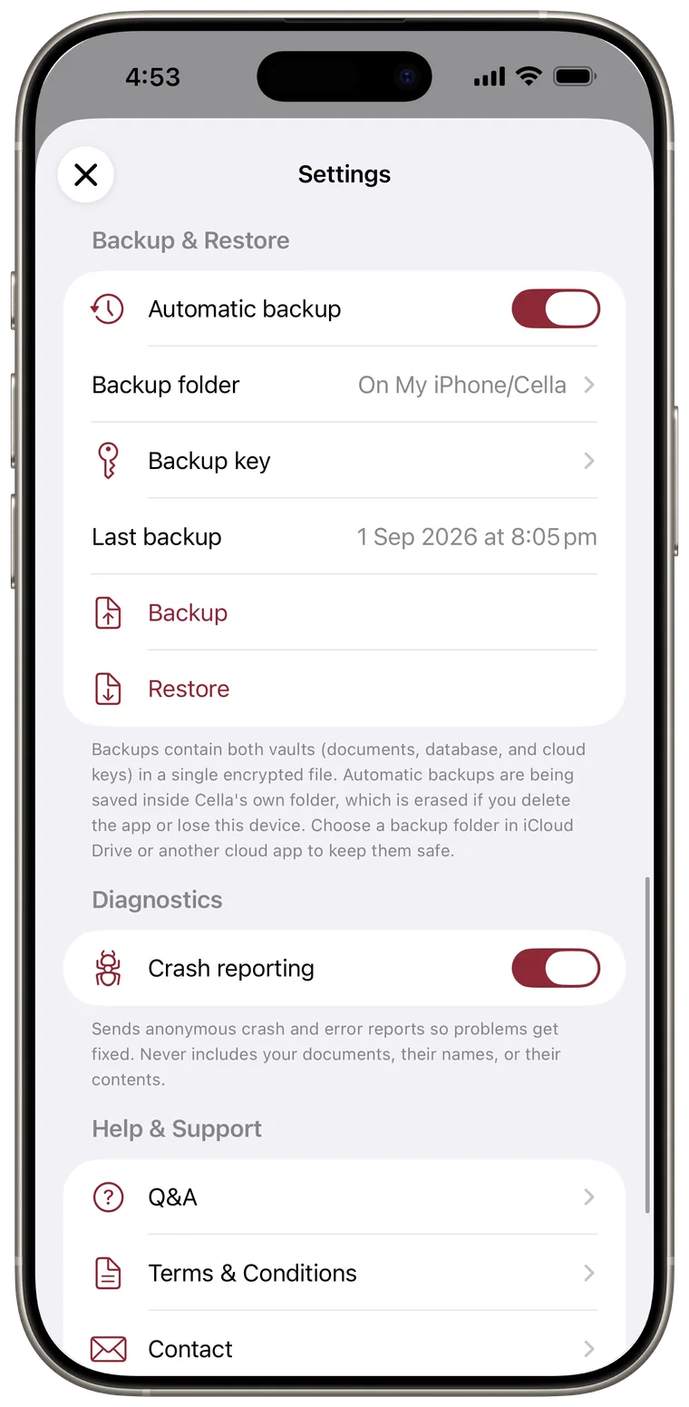 Backup and Restore settings with automatic backup, folder, key, status, Backup, and Restore.