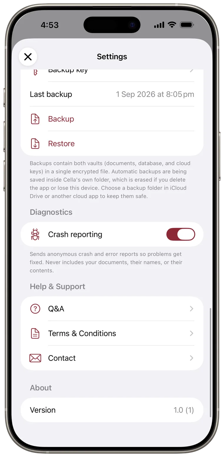 Settings showing Diagnostics, Help and Support, and About sections.