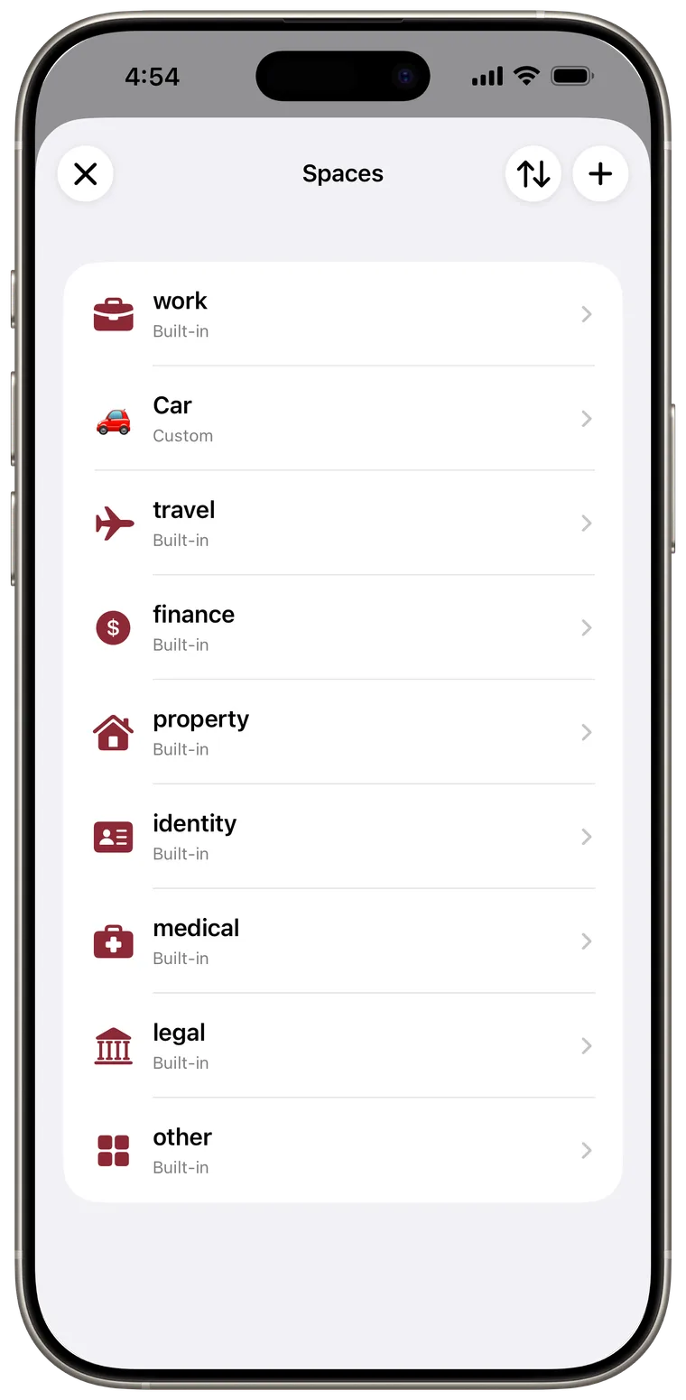 Spaces management screen listing built-in and custom Smart Spaces.