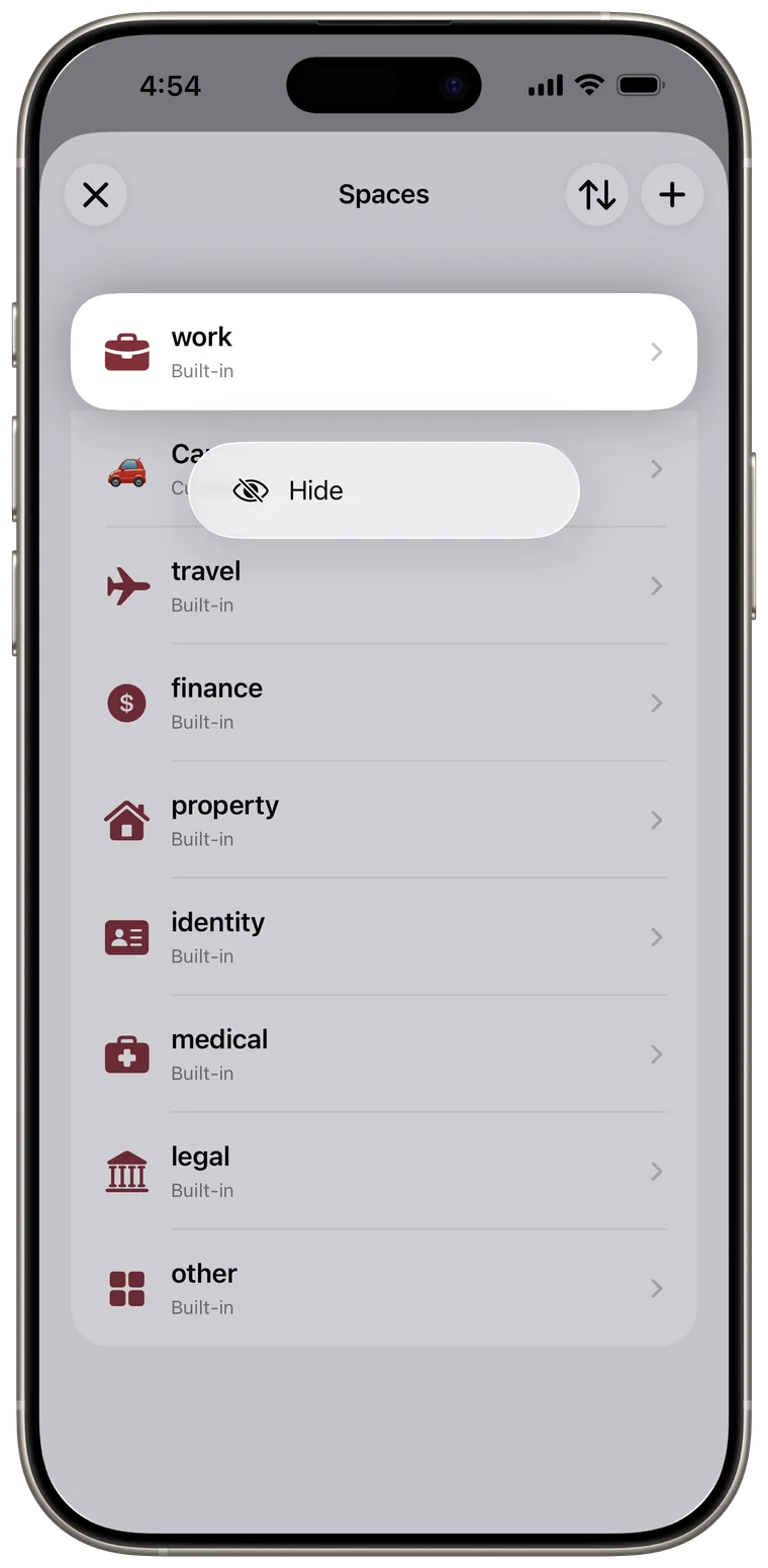 Context menu on a built-in Smart Space with the Hide action.