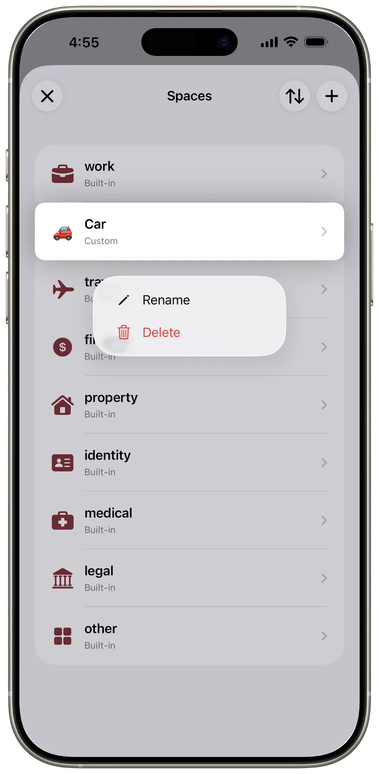 Context menu on a custom Smart Space with Rename and Delete actions.