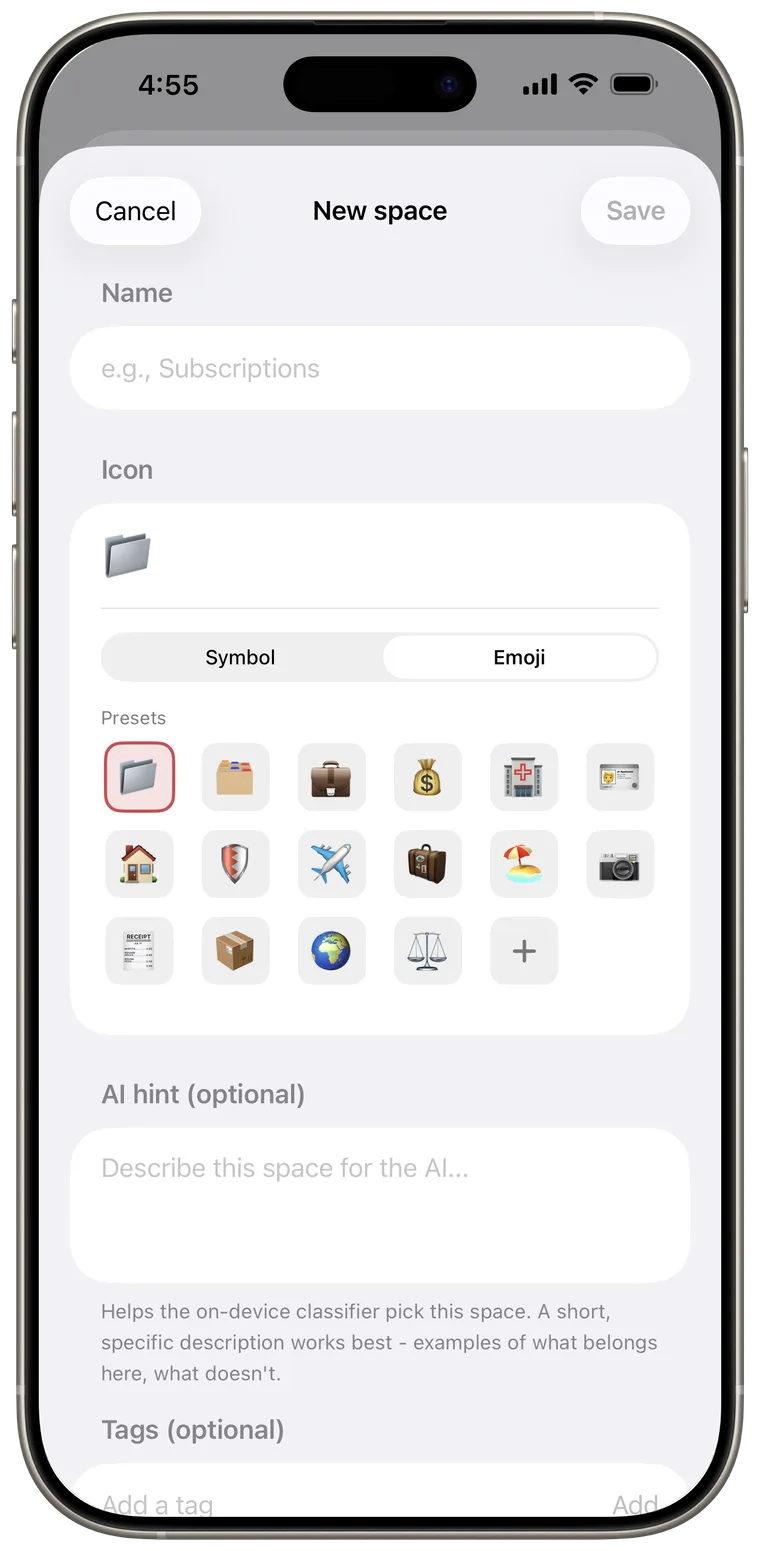 New space form with name, icon, AI hint, and tags.