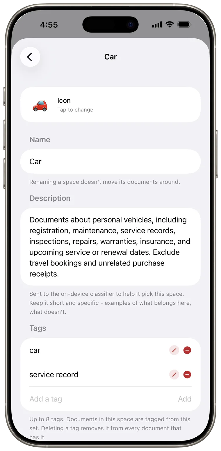 Smart Space details with icon, description, and tags controls.