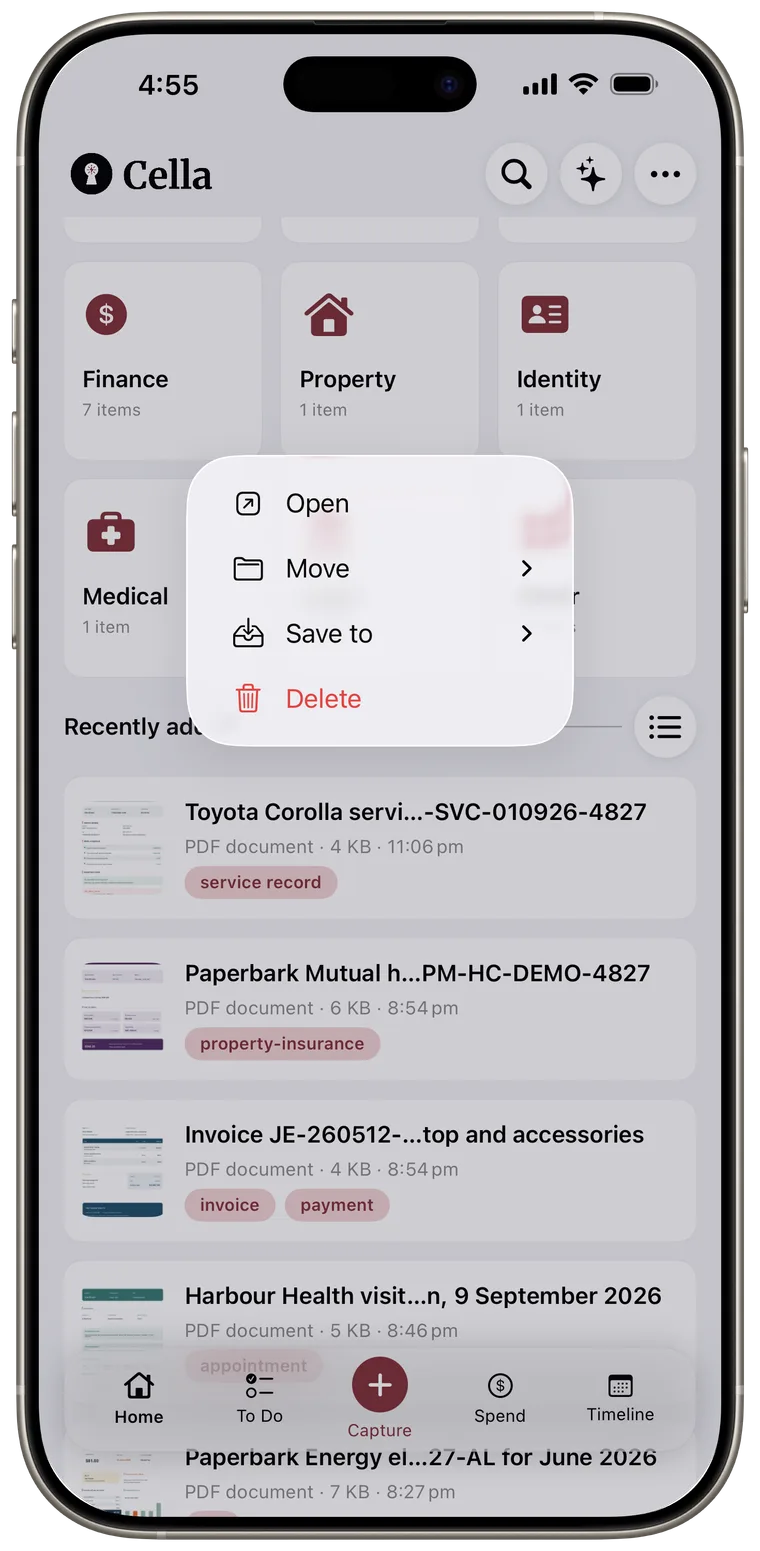 Document context menu with Open, Move, Save to, and Delete actions.