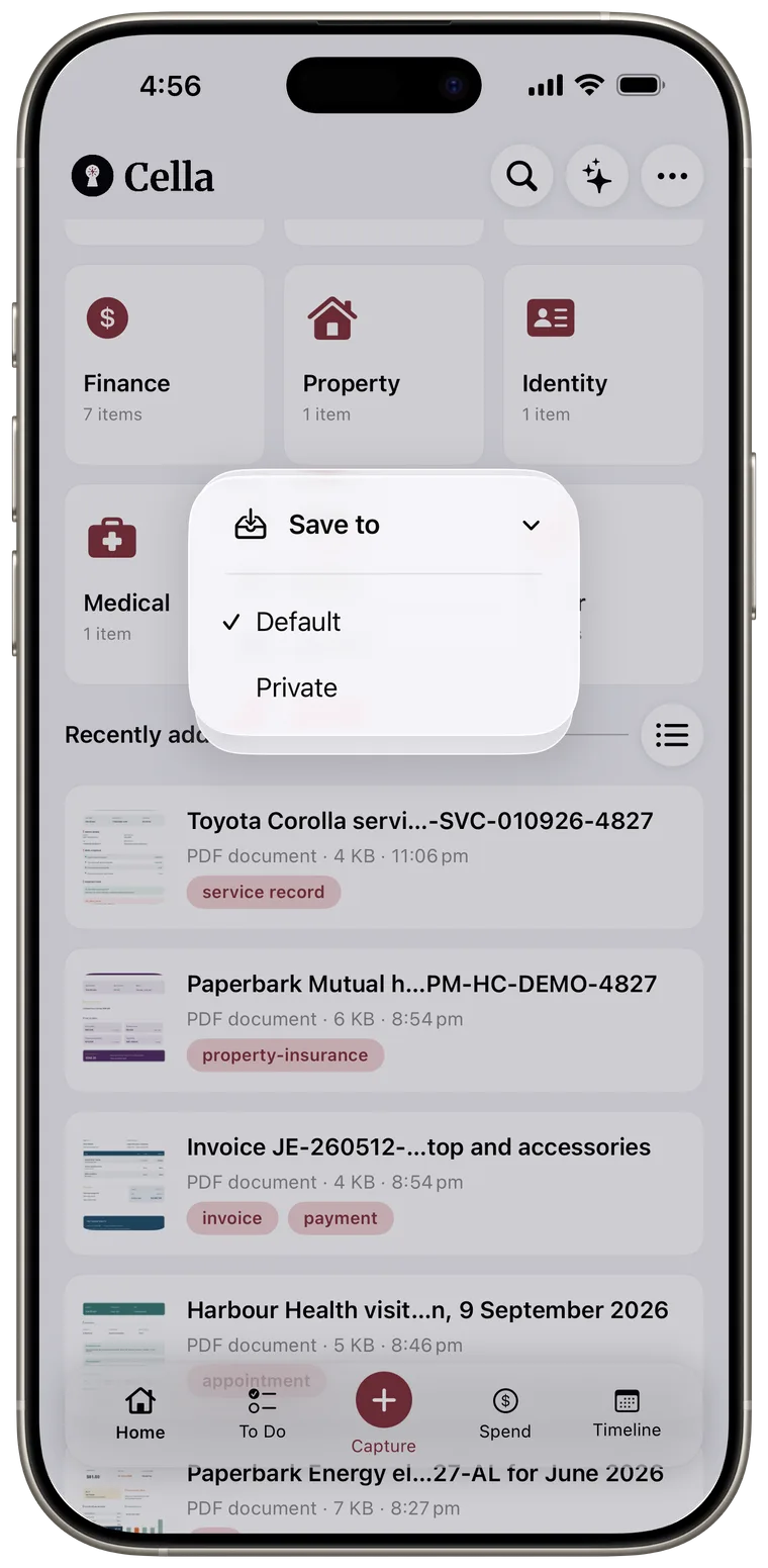 Save to submenu listing the Default and Private vaults.
