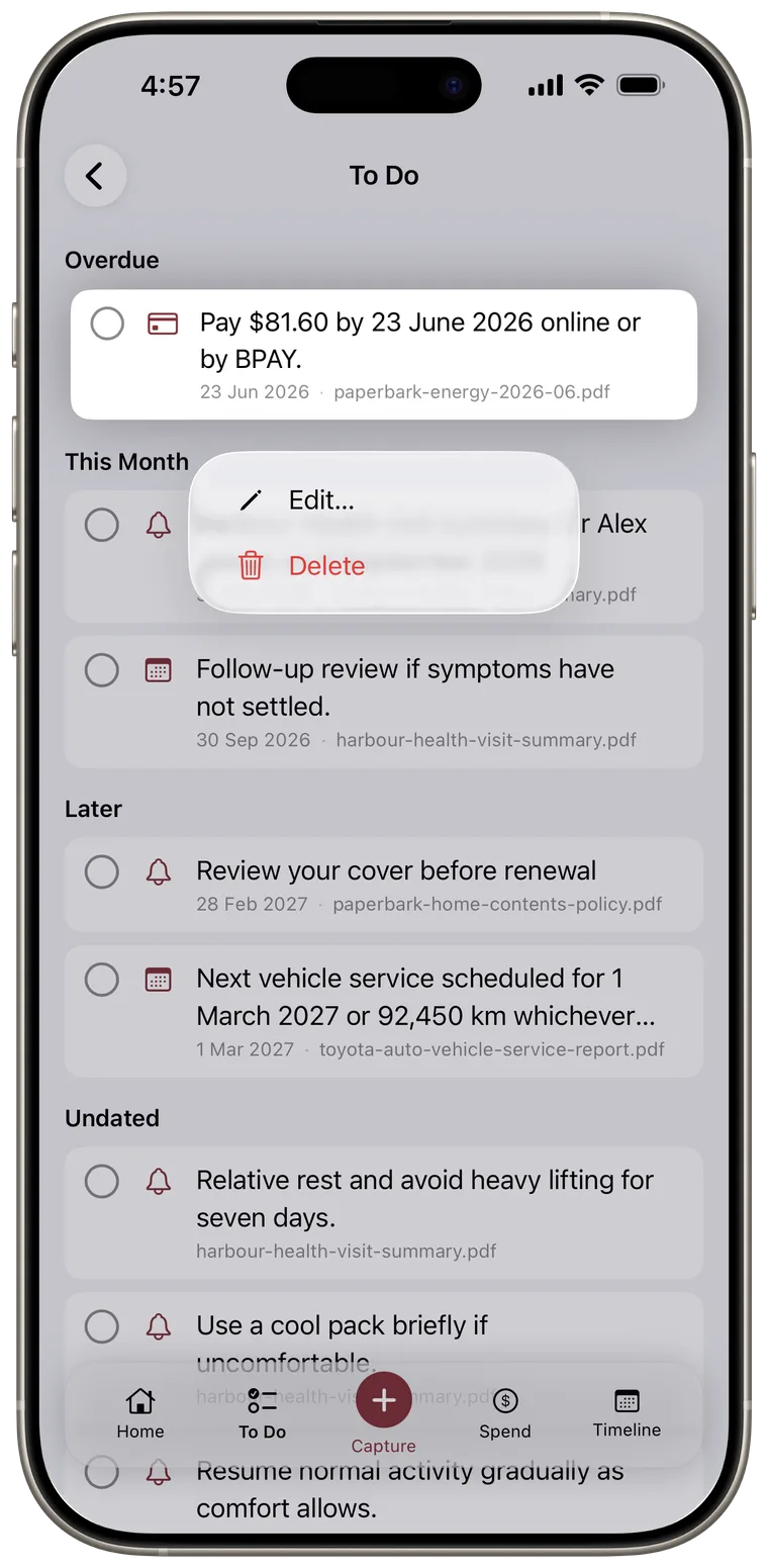 To-do context menu with Edit and Delete actions.