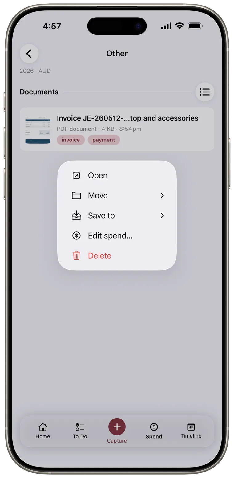Spend document context menu showing Edit spend.