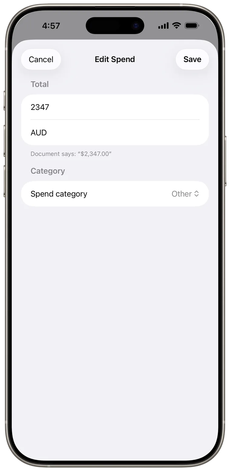 Edit Spend form with amount, currency, and category.