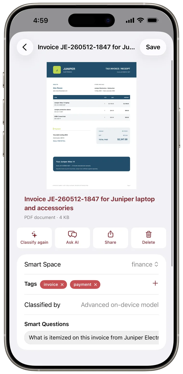 Document details showing preview actions, classification, key details, and Smart Questions.