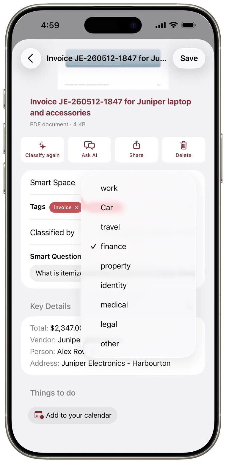 Smart Space picker open in document details.