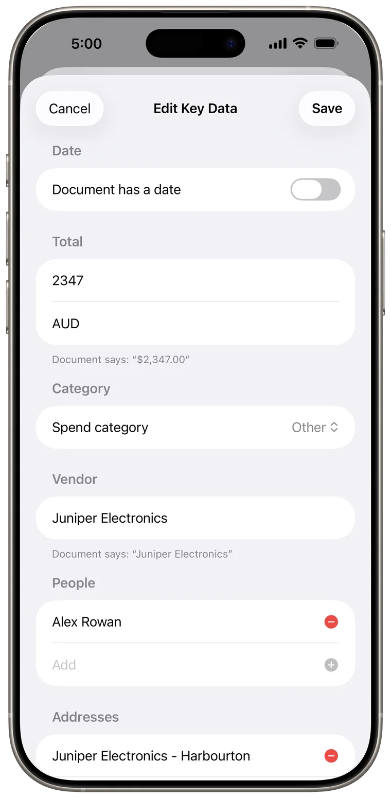 Edit Key Data form with date, total, category, vendor, people, and addresses.