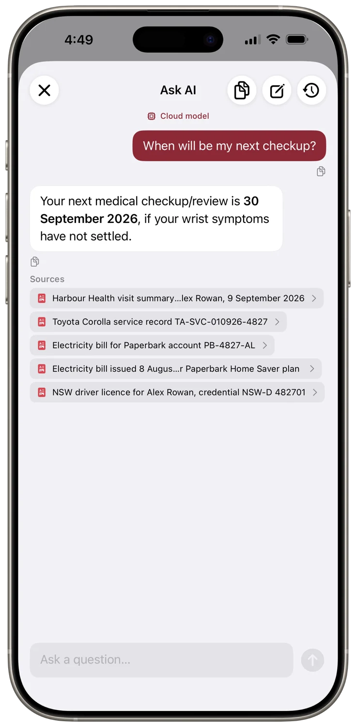 Ask AI answering a question with links to source documents
