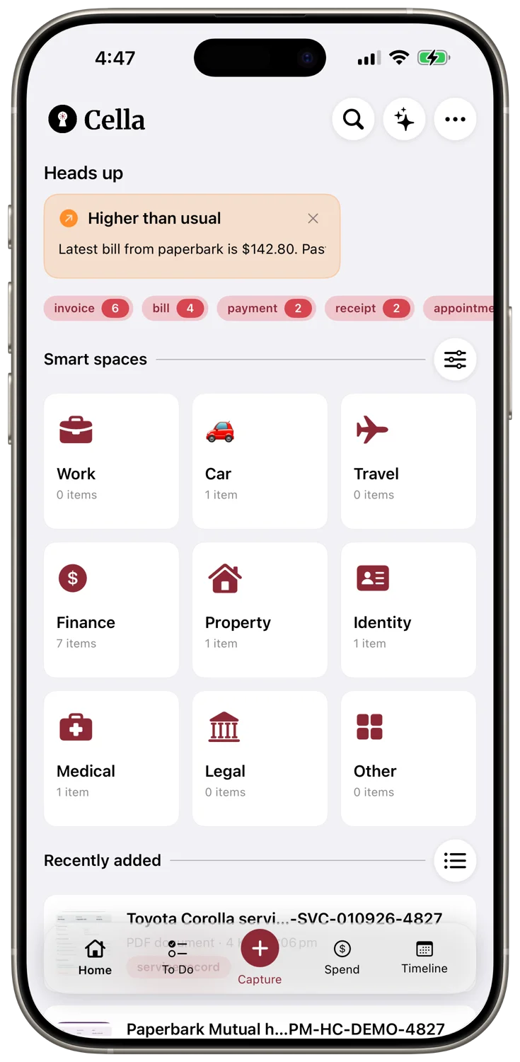 Cella home showing smart spaces for work, car, travel, finance, property, and more