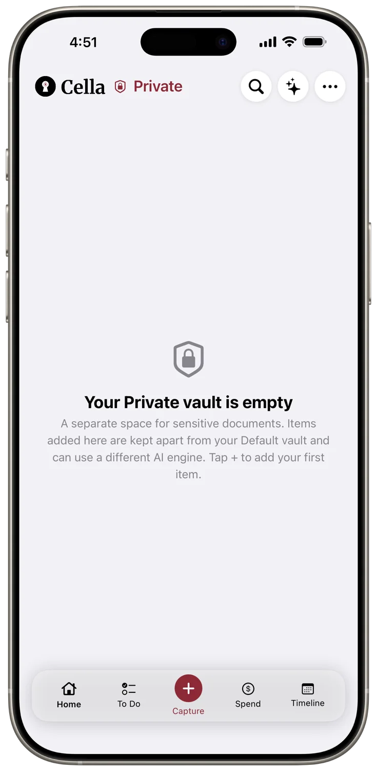 Cella Private Vault for documents protected by PIN and optional Face ID